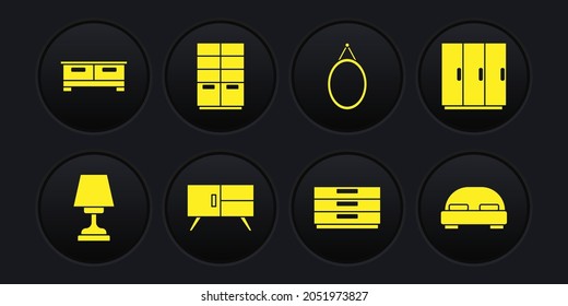 Set Table lamp, Wardrobe, Chest of drawers, Mirror, Big bed and  icon. Vector