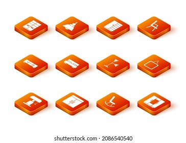 Set Table lamp, Wardrobe, Chest of drawers, Big bed, Armchair, Floor,  and Mirror icon. Vector