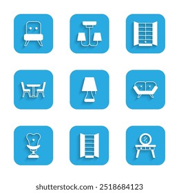 Set Table lamp, Wardrobe, Dressing table, Sofa, Armchair, with,  and  icon. Vector