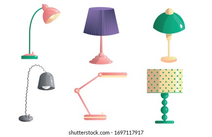 Set of table lamps of different shapes and colors. Vector illustration in flat cartoon style.