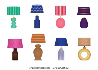 Eine Reihe von Tischlampen für die Innenausstattung. Tischlampen mit Lampenschirmen im modernen Stil. Vektorgrafik einzeln auf weißem Hintergrund.