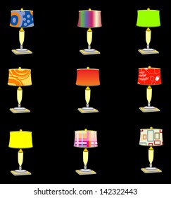 set of table lamps isolated on black background