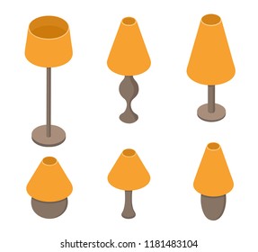 Set of table lamps. Orange light. Home electric lighting tool. Old school lampshade. Vector illustration.