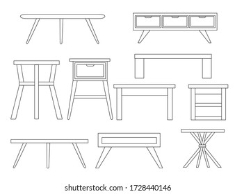 Set of table outline collection wooden furniture flat vector illustration isolated on white background