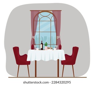 A set table in the restaurant with dishes and a bottle of wine. Vector illustration.