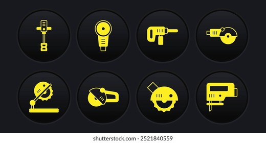 Set serra de mesa para madeira, moedor de ângulo, circular elétrica, máquina de broca, serra de quebra-cabeça e ícone misturador de concreto manual elétrico. Vetor