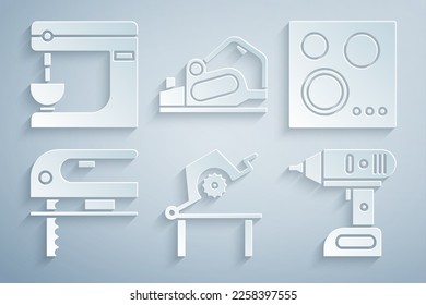 Set Table saw for woodwork, Gas stove, Electric jigsaw, cordless screwdriver, planer tool and mixer icon. Vector