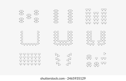 Set of table and seats plans. Furniture map for education, meeting, party, wedding. Vector illustration