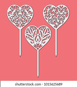 Set of the table sign toppers. Template for laser cutting, wood carving. Handmade silhouette for unique wedding pattern. Vector heart decoration for Valentine's Day.