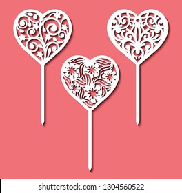 Set of the table sign toppers. Template for laser cutting, wood carving, paper cut out. Handmade silhouette for unique wedding decor. Vector heart decoration for Valentine's Day. Coral background.