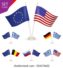 SET - Table Stand With Flags. Symbolizing The Cooperation Between The Two Countries. Flag Icons. Two Flag Vector. Flags Pole.