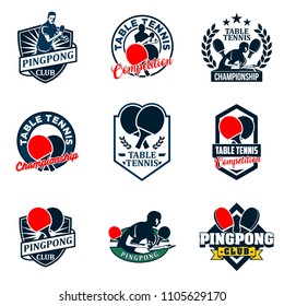 Set of table Tennis badges emblems logos with simple text designs. Sport labels vector illustration for ping pong club collection
