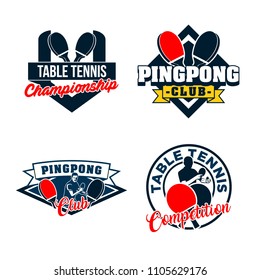Set of table Tennis badges emblems logos with simple text designs. Sport labels vector illustration for ping pong club collection