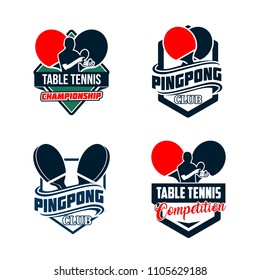 Set of table Tennis badges emblems logos with simple text designs. Sport labels vector illustration for ping pong club collection