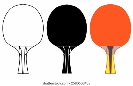 Set of table tennis paddles in outline, solid, and colored styles. Perfect for sports logos, tournaments, equipment stores, and vector illustrations.