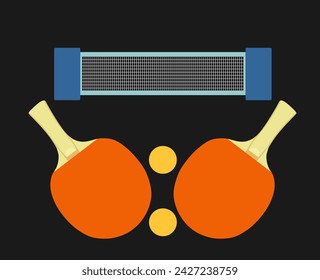 Set of table tennis racket, balls and net vector illustration isolated on background. Ping pong sport equipment. 