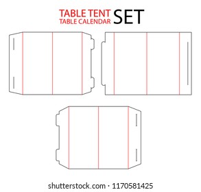 Set Of Table Tent, Calendar Die Cut Template Stamp. Vector Black Isolated Circuit Table Calendar. 