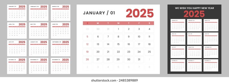 Set of table and wall calendars for 2025, week Starts on Sunday. Wall calendar 2025 in a minimalist style.