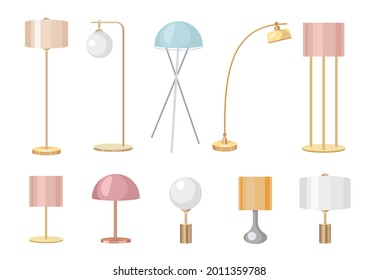 Set of Table Work Lamps, Desk Bulbs and Floor Torcheres of Modern Design with Shades. Electric Supplies for Home Decor and Room Illumination Isolated on White Background. Cartoon Vector Illustration