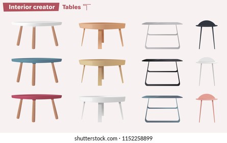 Set of tables. Cartoon vector illustration. Coffee and side tables. Design of interior.