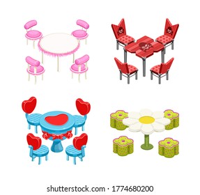 Set tables and chairs isolated. Romantic, furry, camomile, with a skull. Isometry. Vector illustration.