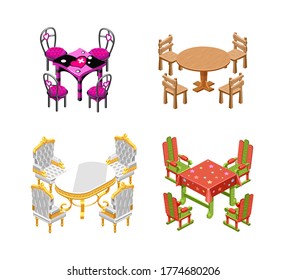 Set tables and chairs isolated. Wooden, gold, classic, New Year. Isometry. Vector illustration.