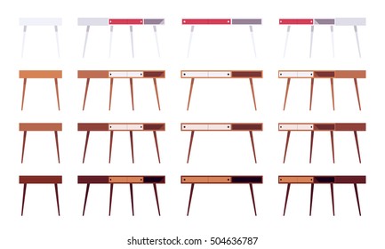 Set of tables with drawers shown from different positions, different colours. Cartoon vector flat-style illustration