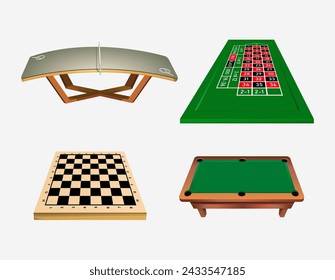 Set of tables and playgrounds (Billiards, teqball, chess) on a white background. Vector realistic illustration