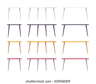 Set of tables shown from different positions, different colours. Cartoon vector flat-style illustration