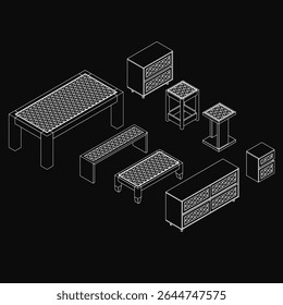 Um conjunto de tabelas e bancos em estilo de desenho de linha limpo, dispostos simetricamente sobre um fundo preto. Cada mesa apresenta um design único, com linhas brancas fortemente contrastantes com o escuro.
