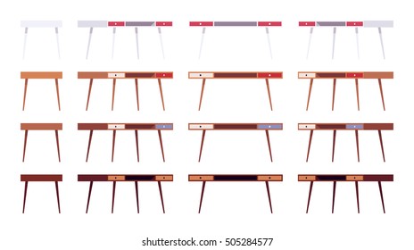 Set of tables with two drawers shown from different positions, different colours. Cartoon vector flat-style illustration