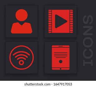 Set Tablet, Add to friend, Play Video and Wi-Fi wireless internet network icon. Vector