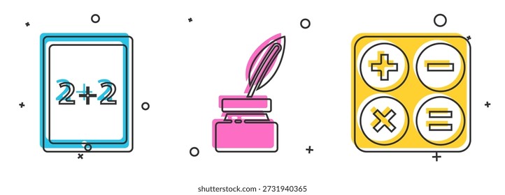 Set Tablet with calculator, Feather and inkwell and Calculator icon. Vector