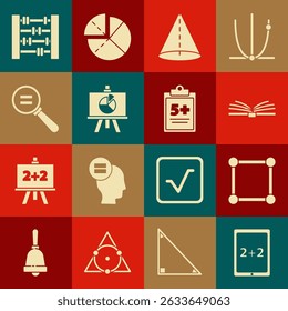 Set Tablet with calculator, Geometric figure Square, Open book, Cone, Chalkboard diagram, Calculation, Abacus and Test exam sheet icon. Vector
