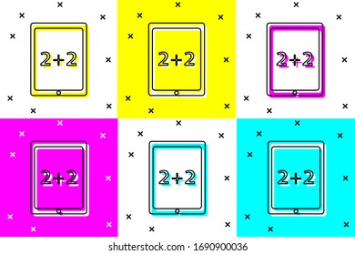 Establecer Tablet con icono de calculadora aislado en el fondo de color. Símbolo de contabilidad. Cálculos empresariales de la educación matemática. Ilustración vectorial