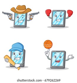 Set of tablet character with cowboy boxing baseball basketball