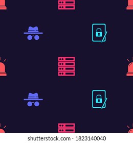 Set Tablet with closed padlock, Incognito mode, Server, Data, Web Hosting and Motion sensor on seamless pattern. Vector.