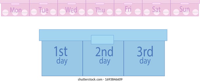 
Set of tablet container and pill organizer. Pill box for week and 
three days. Vector illustration in flat style. 