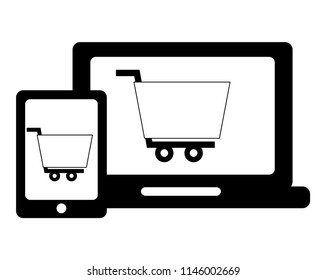 set tablet device with cart shopping isolated icon
