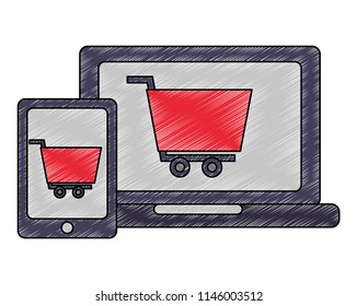 set tablet device with cart shopping isolated icon