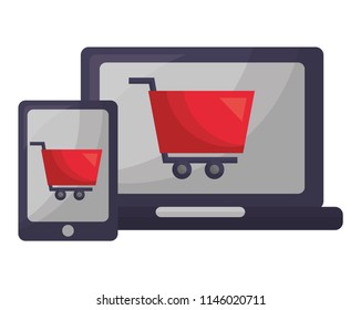 set tablet device with cart shopping isolated icon