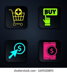 Ajuste Tablet con dólares, Añadir a carro de compra, Cursor, moneda y botón Comprar. Botón cuadrado negro. Vector