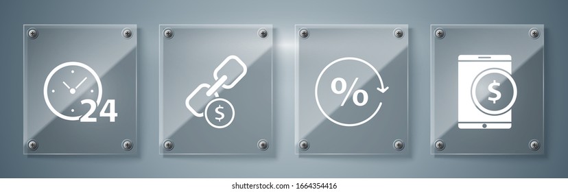 Establezca Tablet con dólar, etiqueta Porcentaje de descuento, enlace de cadena y moneda y reloj 24 horas. Paneles de vidrio cuadrado. Vector