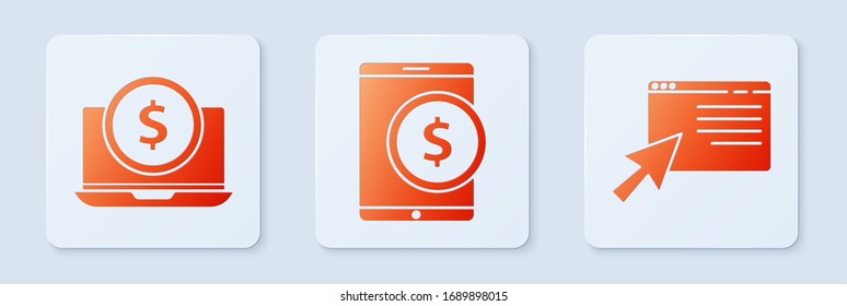 Ponga Tablet con dólares, portátil con dólares y compras en línea en la pantalla. Botón cuadrado blanco. Vector