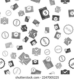 Set Tablet with dollar, Online shopping on screen, Price tag with New and Computer monitor on seamless pattern. Vector