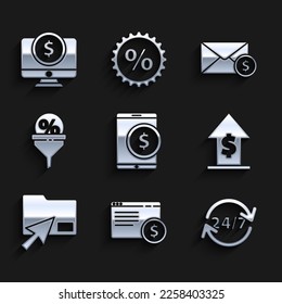 Set Tablet with dollar, Online shopping on screen, Clock 24 hours, Financial growth and coin, Cursor click document folder, Lead management, Envelope and Computer monitor icon. Vector