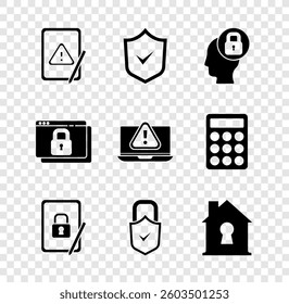 Set Tablet with exclamation mark, Shield check, Human head lock, closed padlock, Lock and, House under protection, Secure your site HTTPS, SSL and Laptop icon. Vector