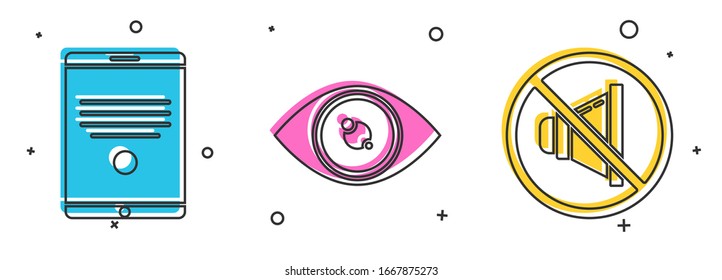 Set Tablet, Eye und Speaker mute Symbol. Vektorillustration