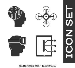 Set Tablet, Human brain as digital circuit board, Virtual reality glasses and Drone icon. Vector