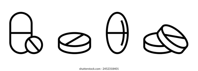 Set of tablet icon set. Pill capsule in line. Vitamin sign. Vector Illustration.